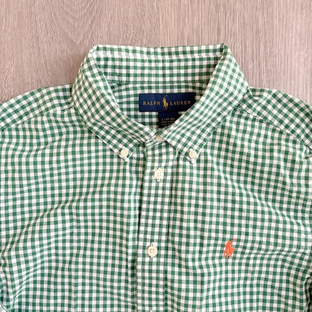 Ralph Lauren Plaid Button Down Shirt Green Gingham Long Sleeve Boys L (14-16)